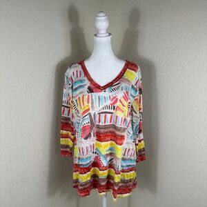 Shana Top Womens Large Red Yellow Abstract Geometric Art to Wear Boho Crinkle